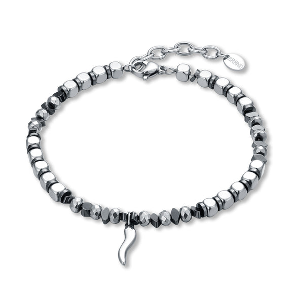 Bracciale in Acciaio ed Ematite con Cornetto