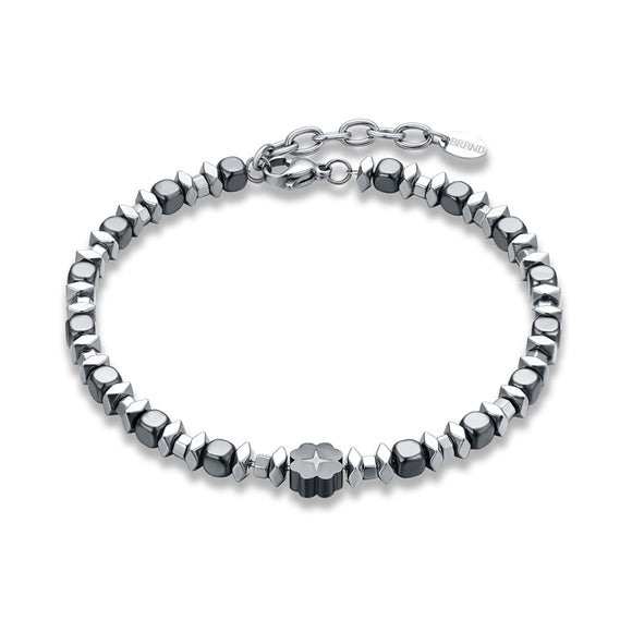Bracciale in Acciaio ed Ematite con Quadrifoglio