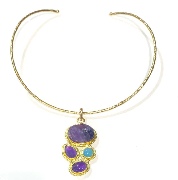 Choker con pendente con pietre Ametista e agata blu