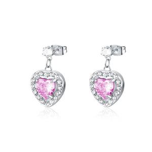 Orecchini Pendenti Cuori Rosa Cristallo