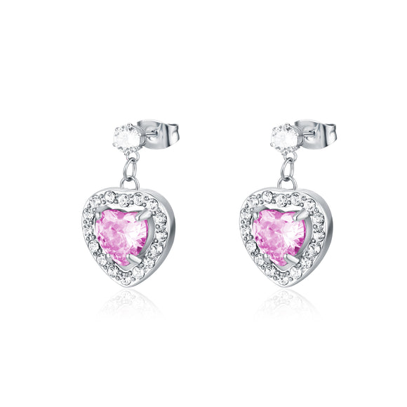 Orecchini Pendenti Cuori Rosa Cristallo