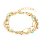 Bracciale Triplo Filo Cristalli Turchesi e Catena a Rombi - Oro