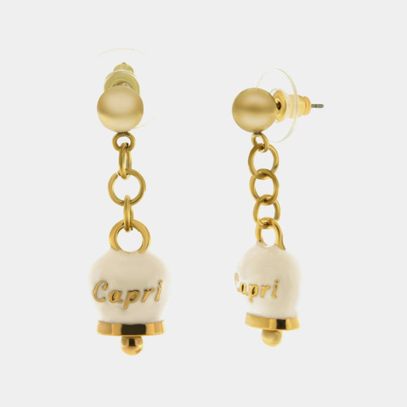 Orecchini in Acciaio con campanella pendente bianca e oro con scritta Capri