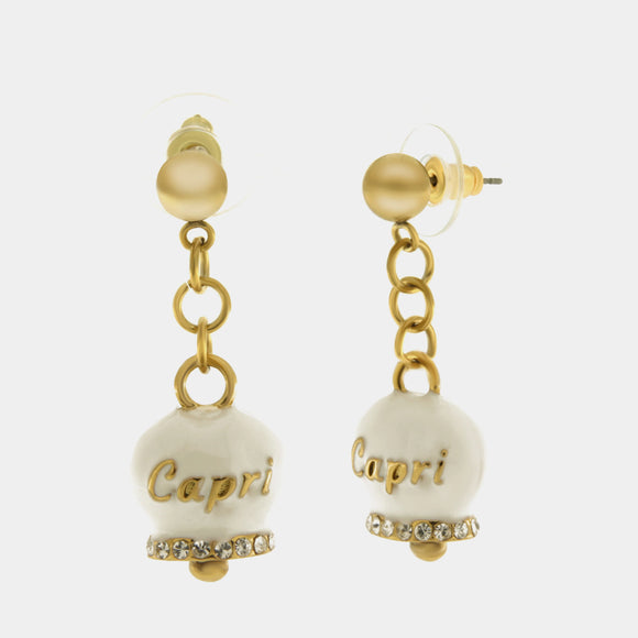 Orecchini in Acciaio con campanella bianca e oro con scritta Capri