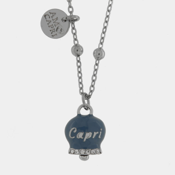 Collana in Acciaio con campanella blu cobalto con scritta Capri