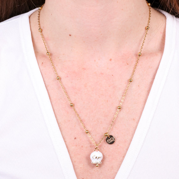 Collana in Acciaio con campanella bianca e oro con scritta Capri