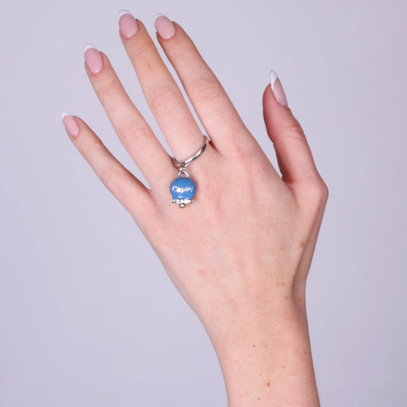 Anello in Acciaio con campanella blu cobalto con scritta Capri