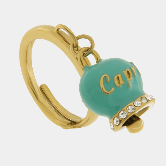 Anello in Acciaio con campanella verde con scritta Capri