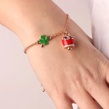 Bracciale in Metallo con quadrifoglio e campanella portafortuna a gufo con smalto rosso e cristalli bianchi