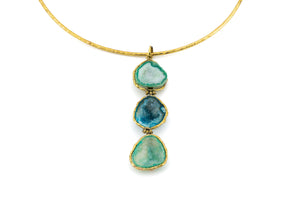 Choker ottone tre pietre pendenti Geode verde e blu