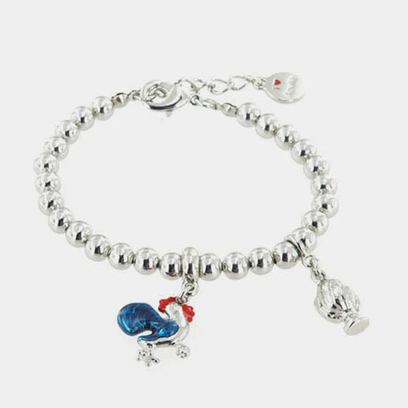 Bracciale in Metallo con gallo pendente impreziosito da smalti colorati e mini pumo pendente
