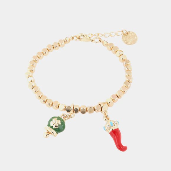 Bracciale in Metallo con ciondoli portafortuna, campanella smaltata verde e corno in smalto rosso