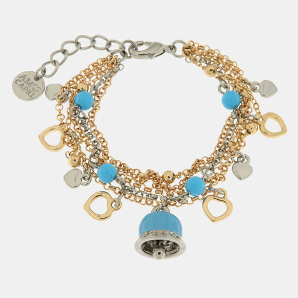 Bracciale con ciondoli a cuore e campanella smaltata turchese