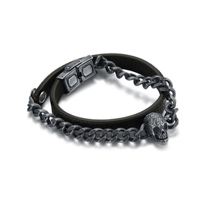 Bracciale Pelle e Catena Teschio Brunito