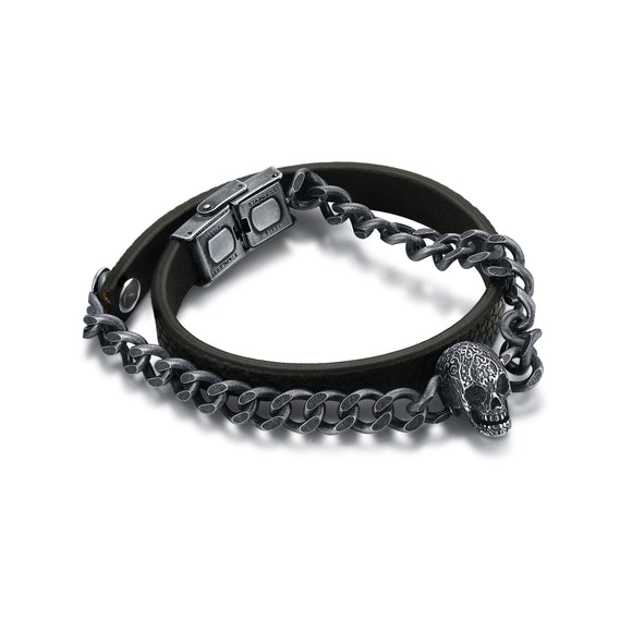 Bracciale Pelle e Catena Teschio Brunito