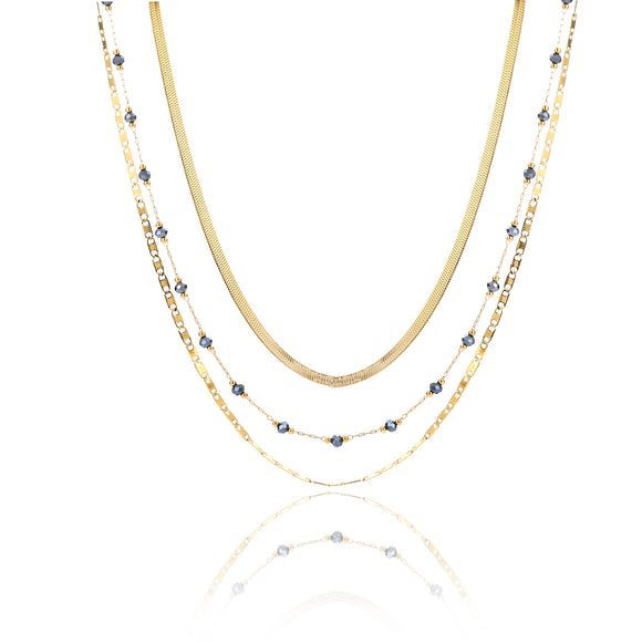 Collana Dorata Triplo Filo con Cristalli Neri