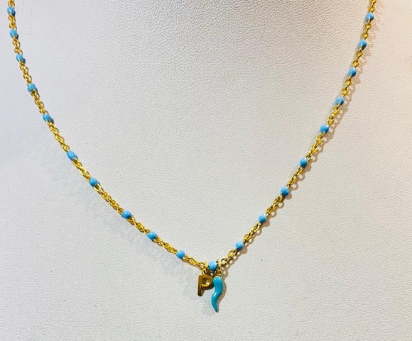Collana Corno Portafortuna con Iniziale Turchese e oro