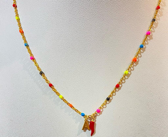 Collana Corno Portafortuna con Iniziale Multicolor e oro