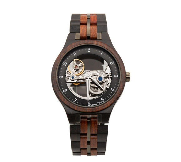 Orologio automatico in legno ebano e sandalo rosso
