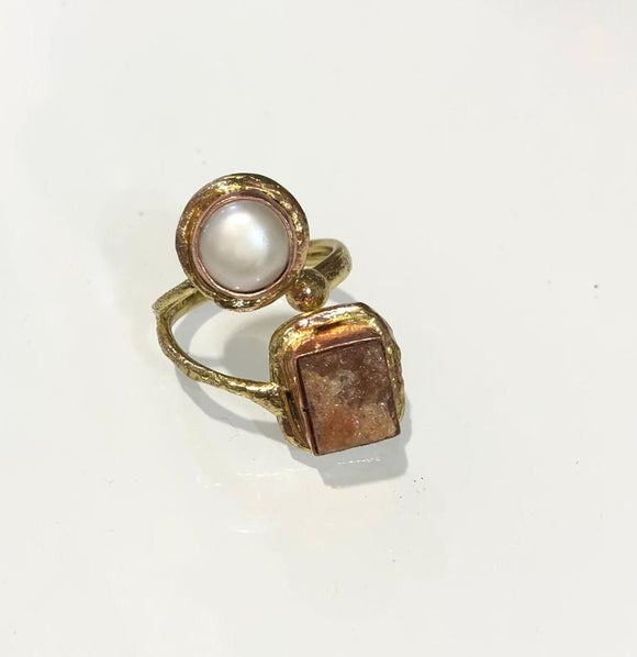 Anello con Pietra Naturale Avventurina Rossa e Perla