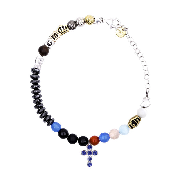 Bracciale Iesus con Croce con Zirconi Zaffiri Incastonati