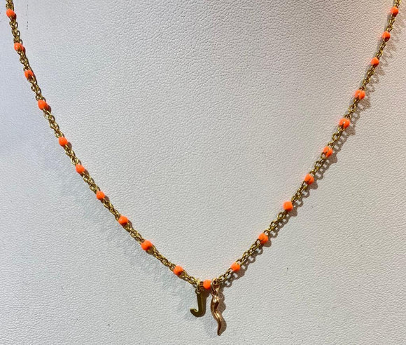 Collana Corno Portafortuna con Iniziale Arancione e oro