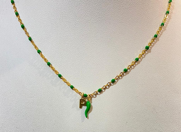 Collana Corno Portafortuna con Iniziale Verde