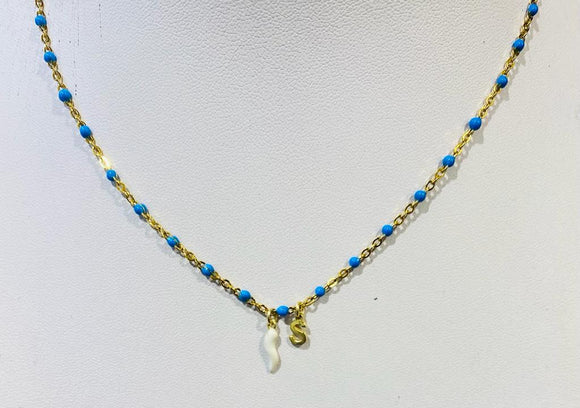 Collana Corno Portafortuna con Iniziale Blu elettrico e Oro